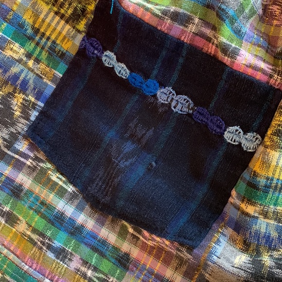 Boho Guatemalan shorts size small cotton elastic waist pockets patchwork blue - Picture 3 of 4